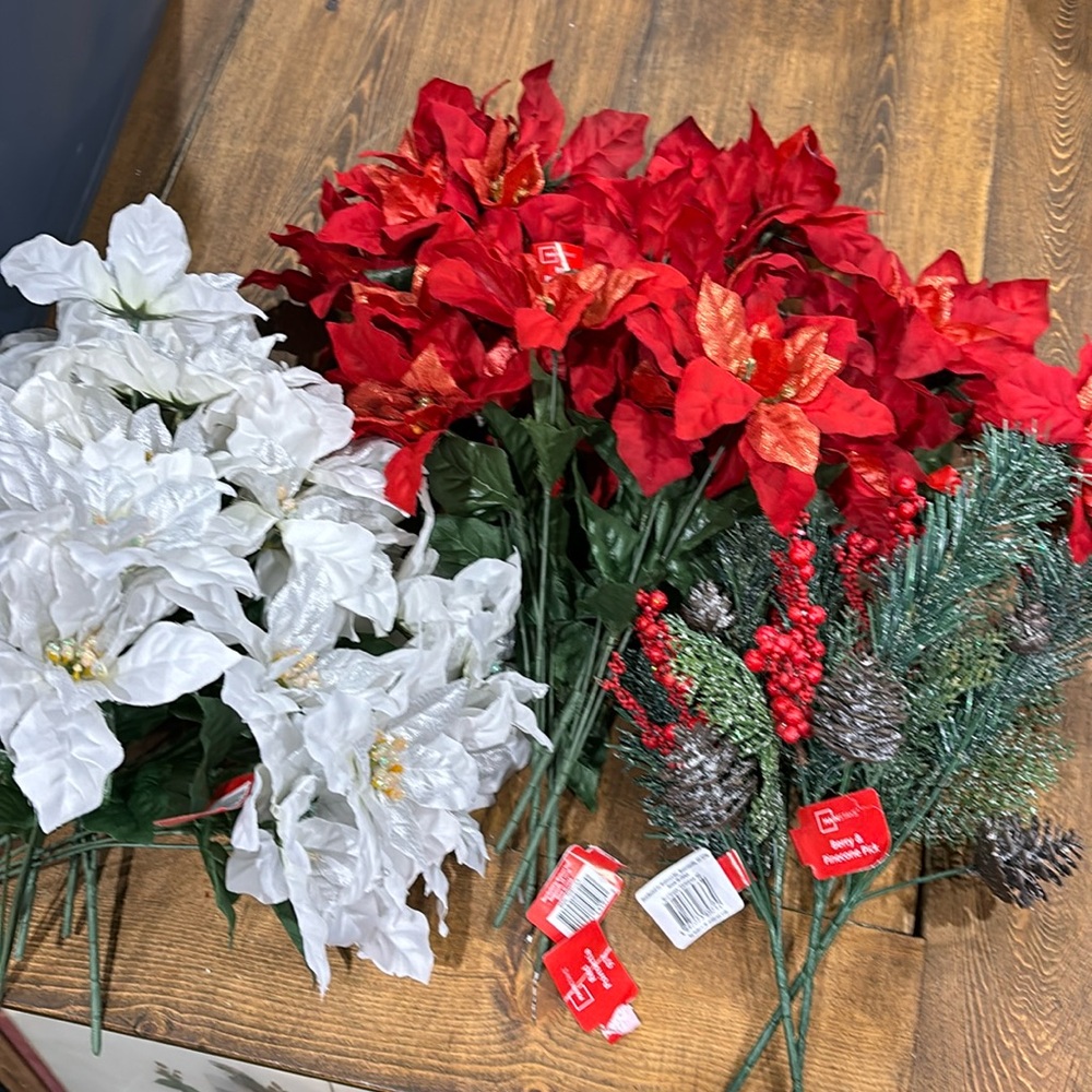 Faux Holiday White and Red poinsettia and berry/pinecone picks - 19 pieces total